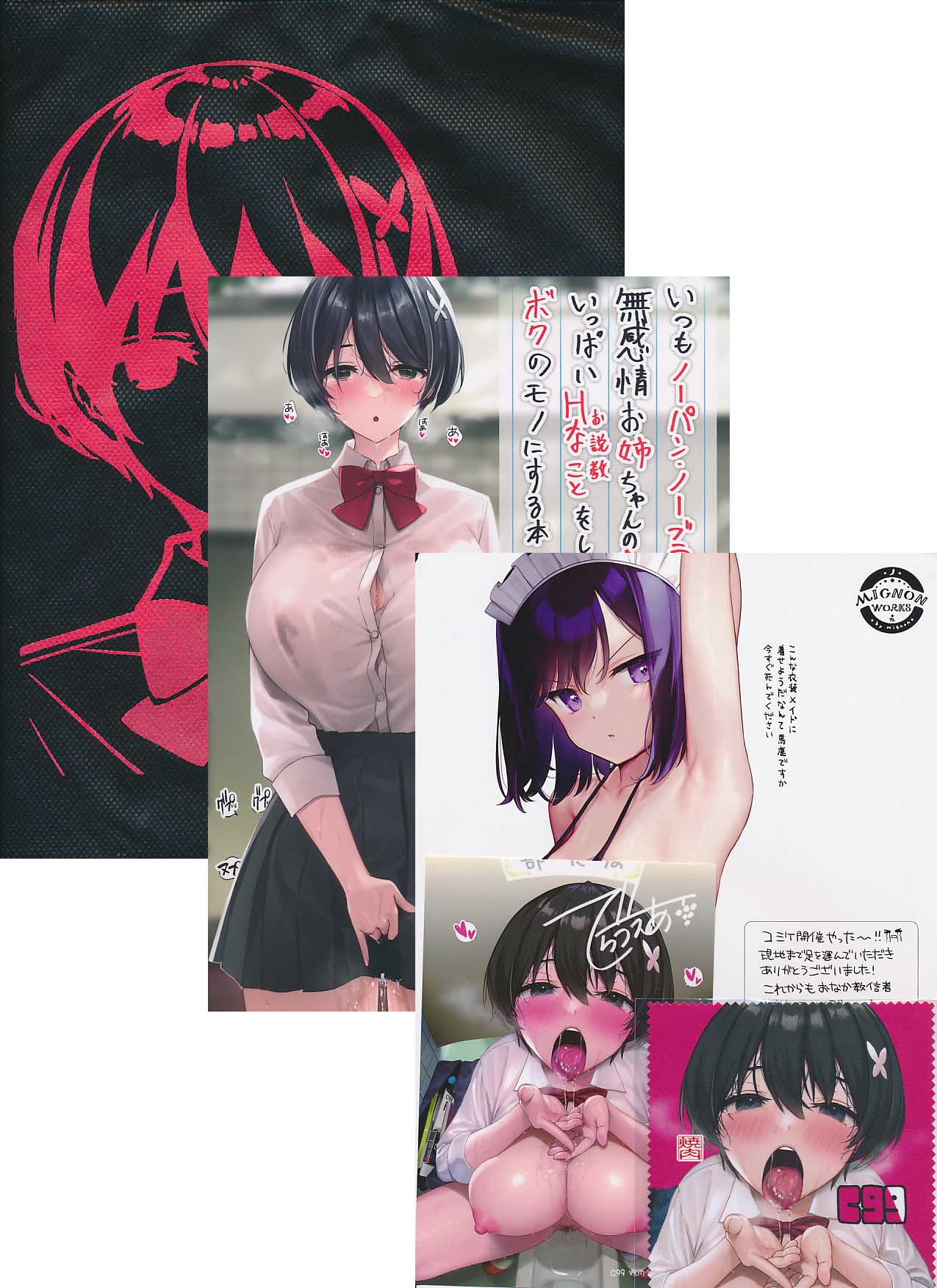 コミケ99・5点セット（ペーパー+マイクフォファイバークロス+ポストカード+不織布バック+いつもノーパン・ノーブラな無感情お姉ちゃんの子宮にいっぱいHなことをしてボクのモノにする本）